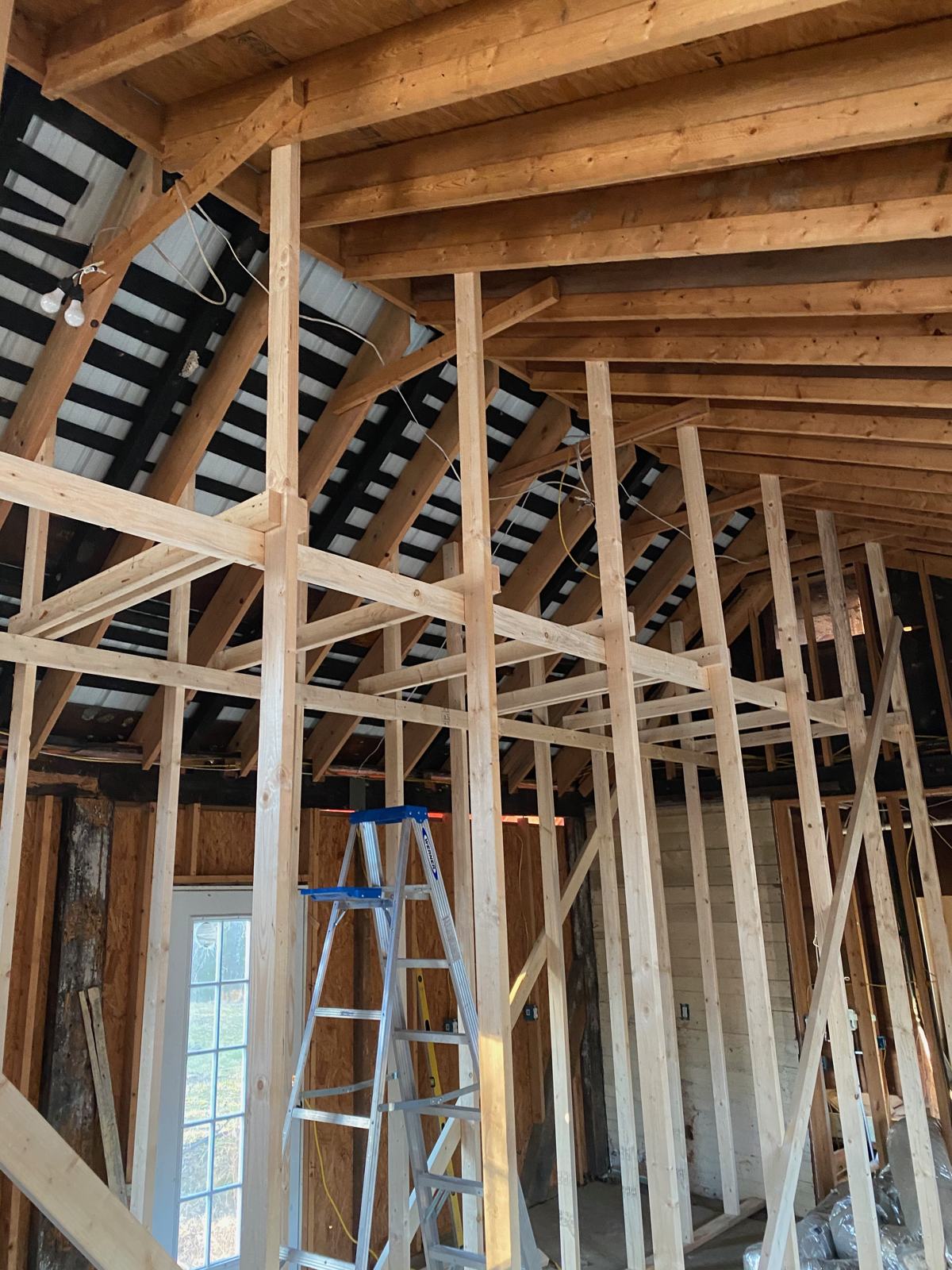 Temporary posts under every rafter and joist in the addition while the roof structure was rebuilt