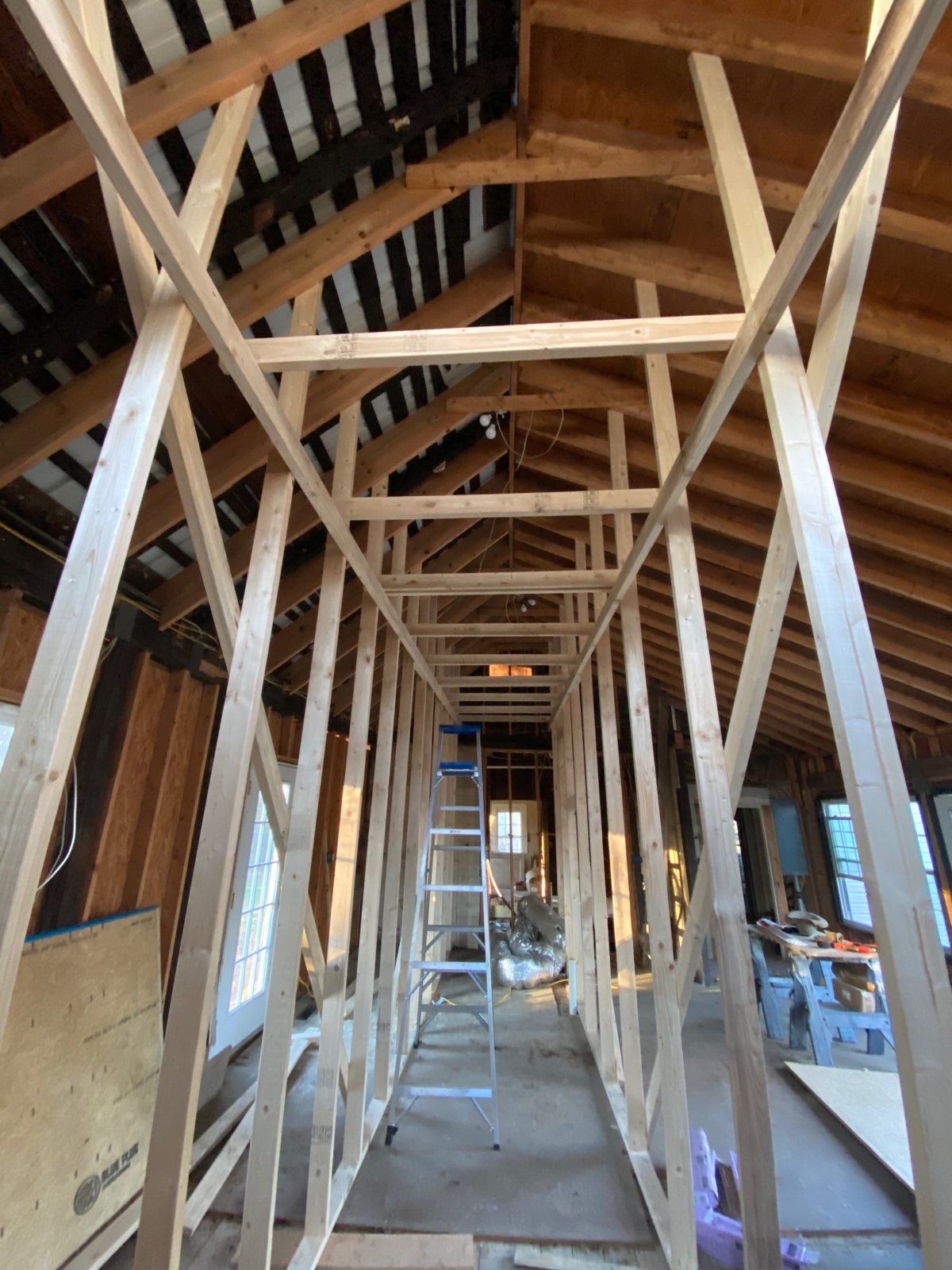 Looking down the length of the addition through the shoring