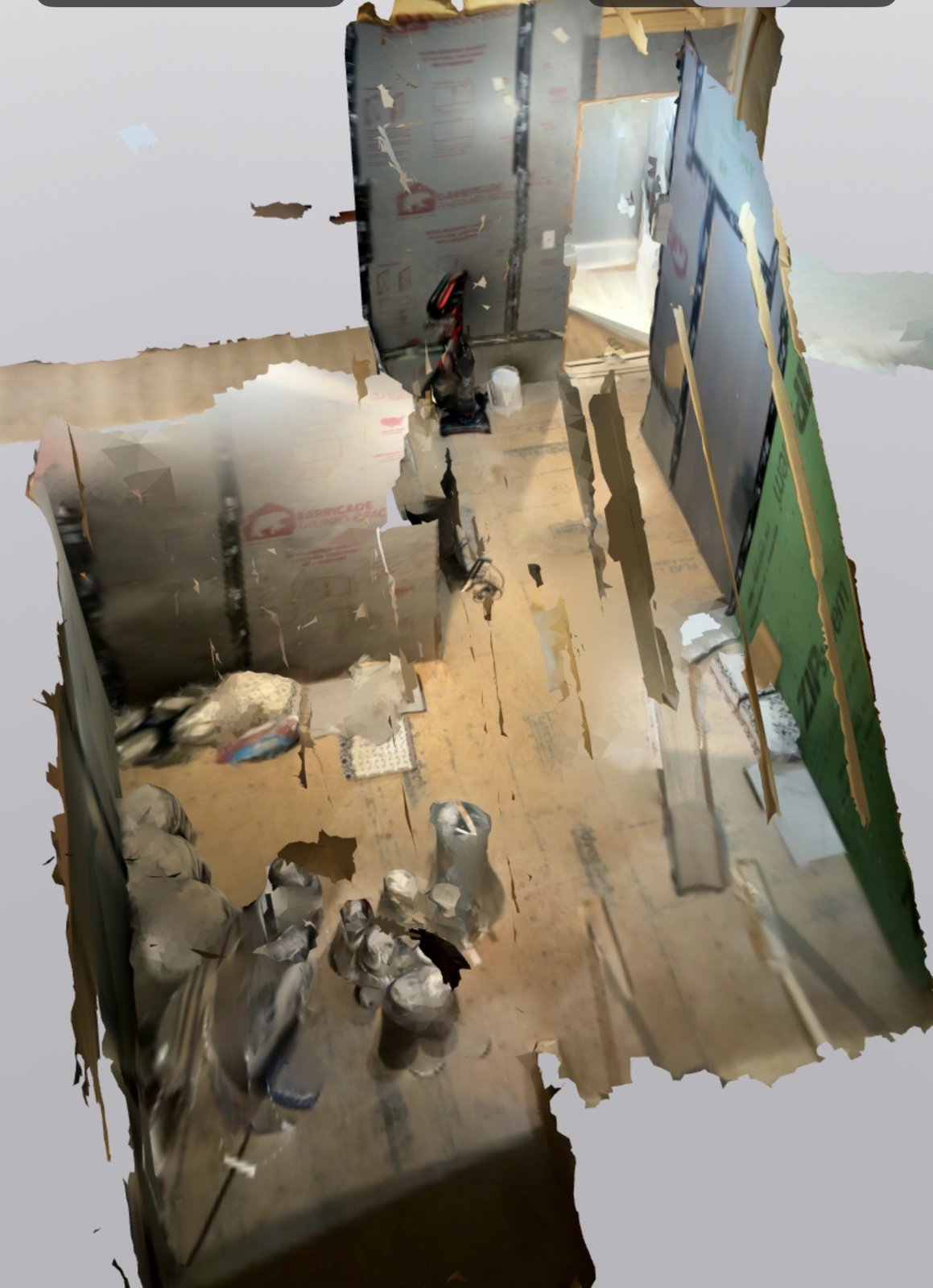 Overhead view of the unfinished attic from the 3D scan, showing the plywood floor and the stair opening