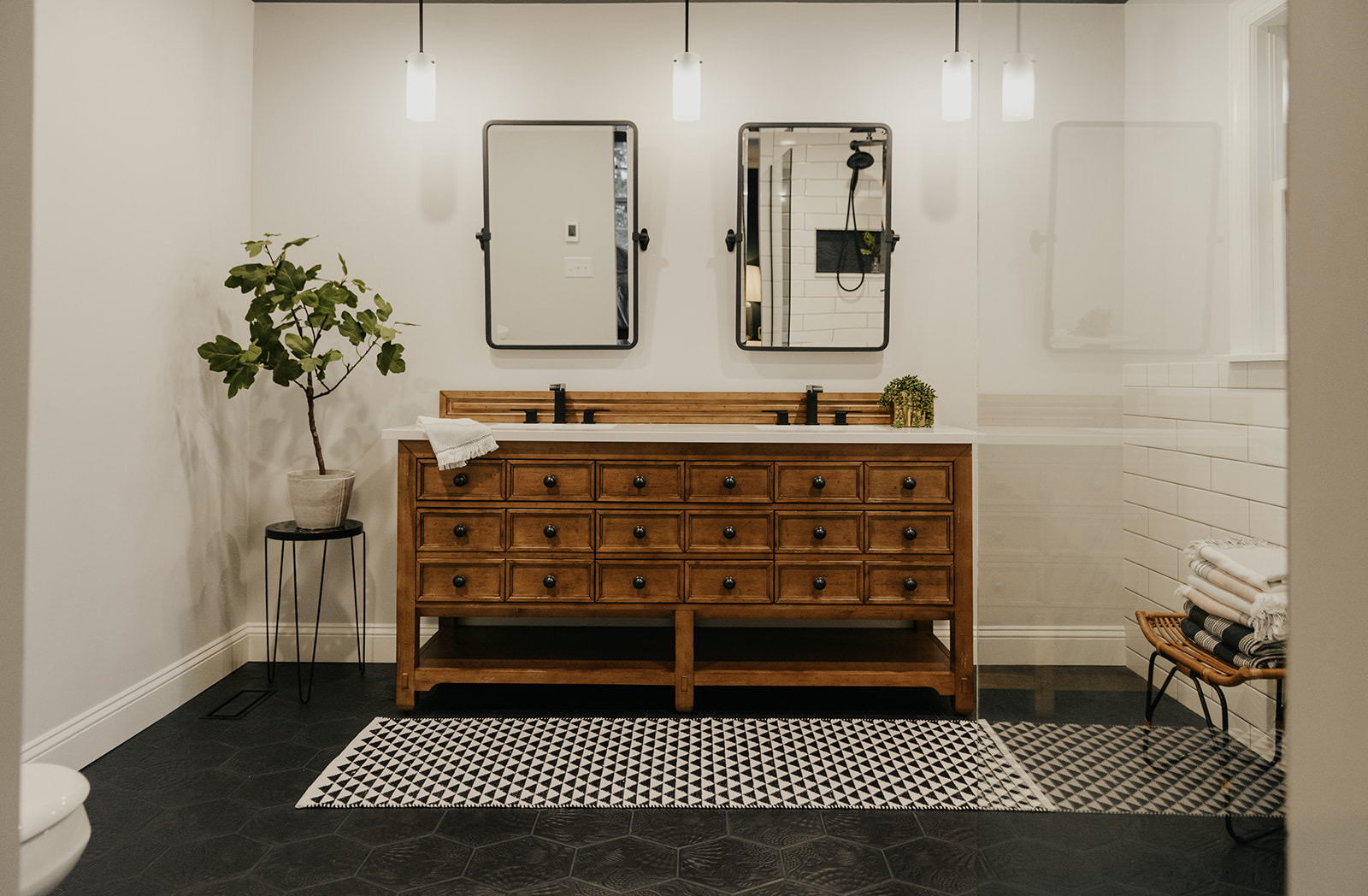 1950s Southern Pines Primary Bath, gut renovation with double vanity and zero-entry shower